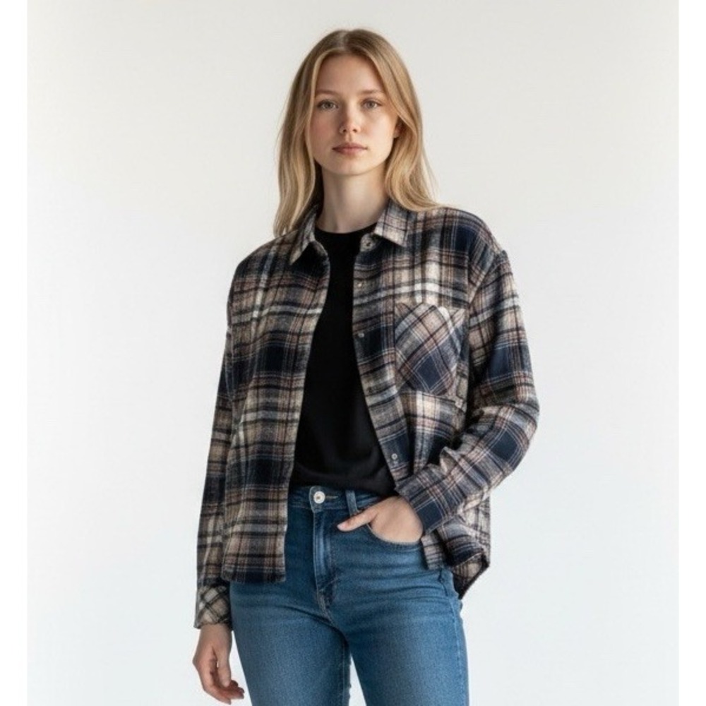 Scotch & Soda Amsterdam Women XL Button Up LS Crop Flannel Shirt Blue Plaid EUC